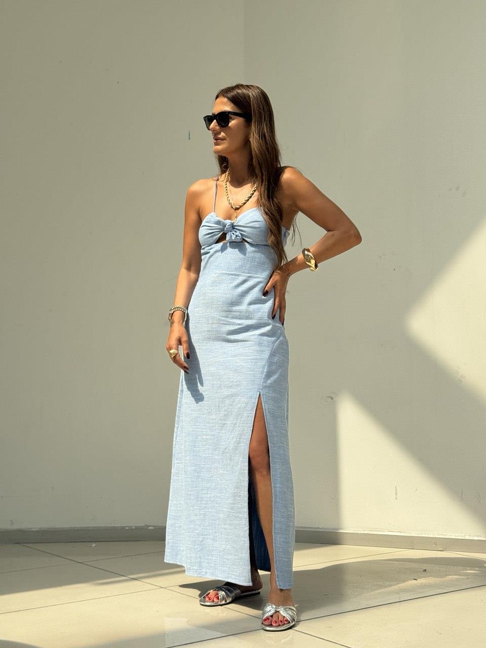 Önden Yırtmaçlı Fiyonk Detaylı Elbise Mavi 