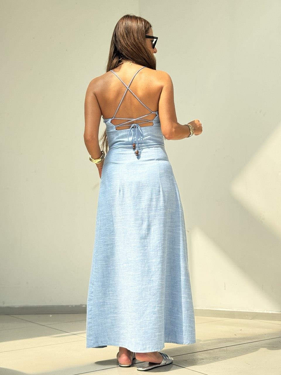 Önden Yırtmaçlı Fiyonk Detaylı Elbise Mavi 