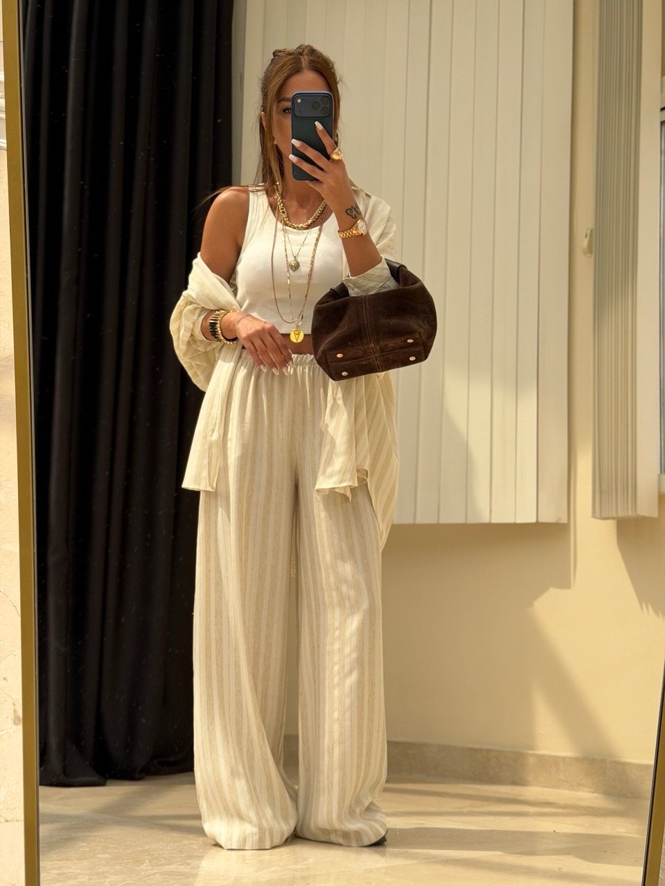 Oversize Pantolon Gömlekli Takım Bej