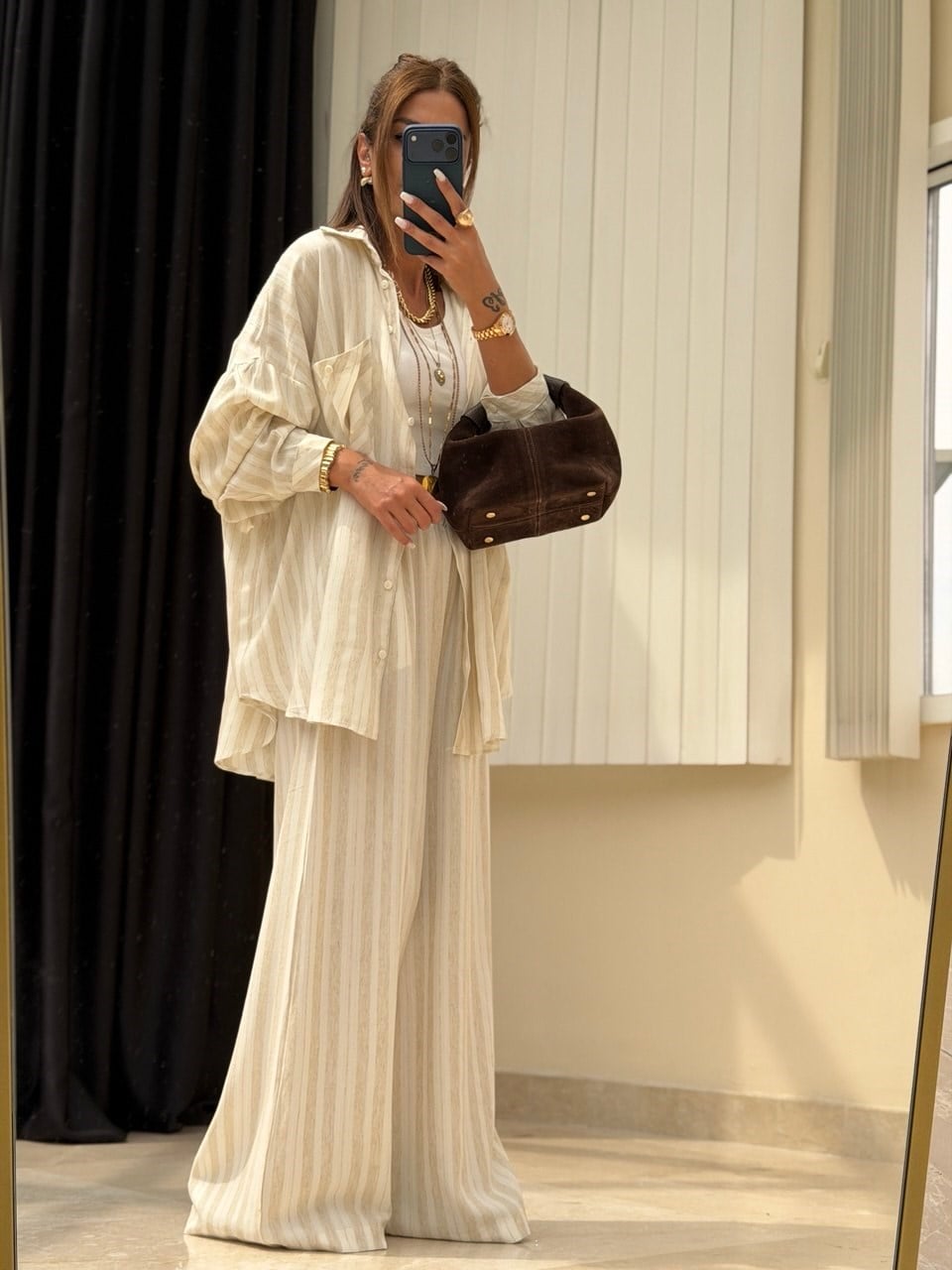 Oversize Pantolon Gömlekli Takım Bej