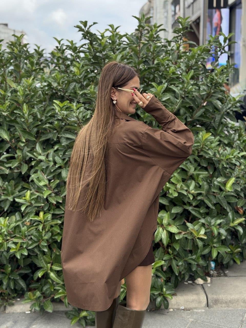 Oversize Poplin Gömlek Kahve