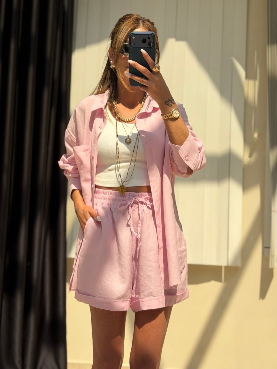 Pembe Keten Şortlu Takım