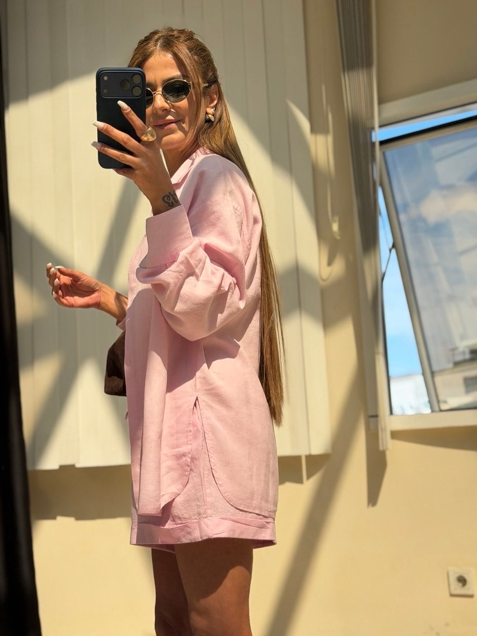 Pembe Keten Şortlu Takım