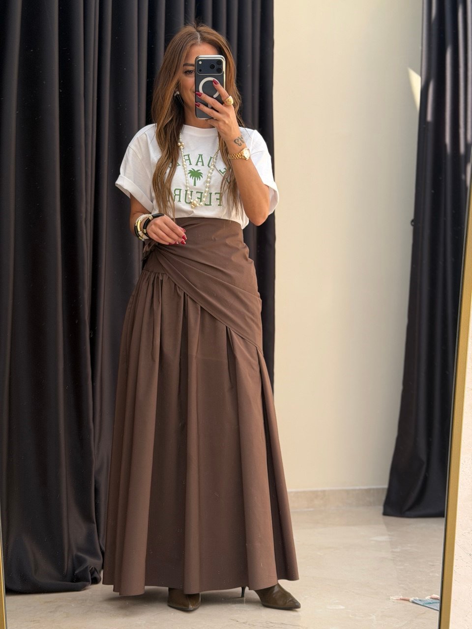 Şal Detay Poplin Closh Etek Kahve
