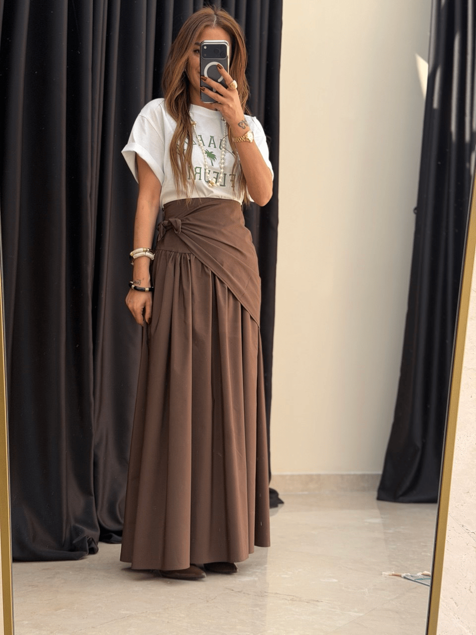 Şal Detay Poplin Closh Etek Kahve