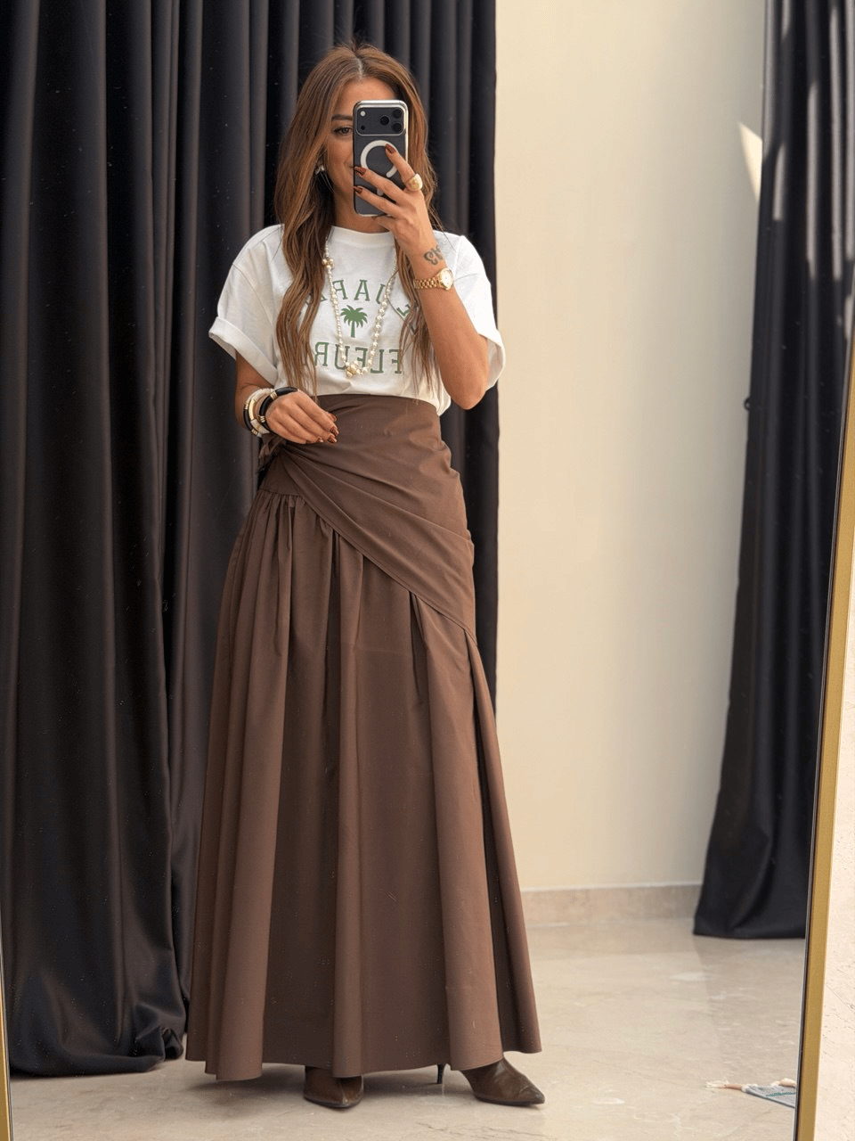Şal Detay Poplin Closh Etek Kahve