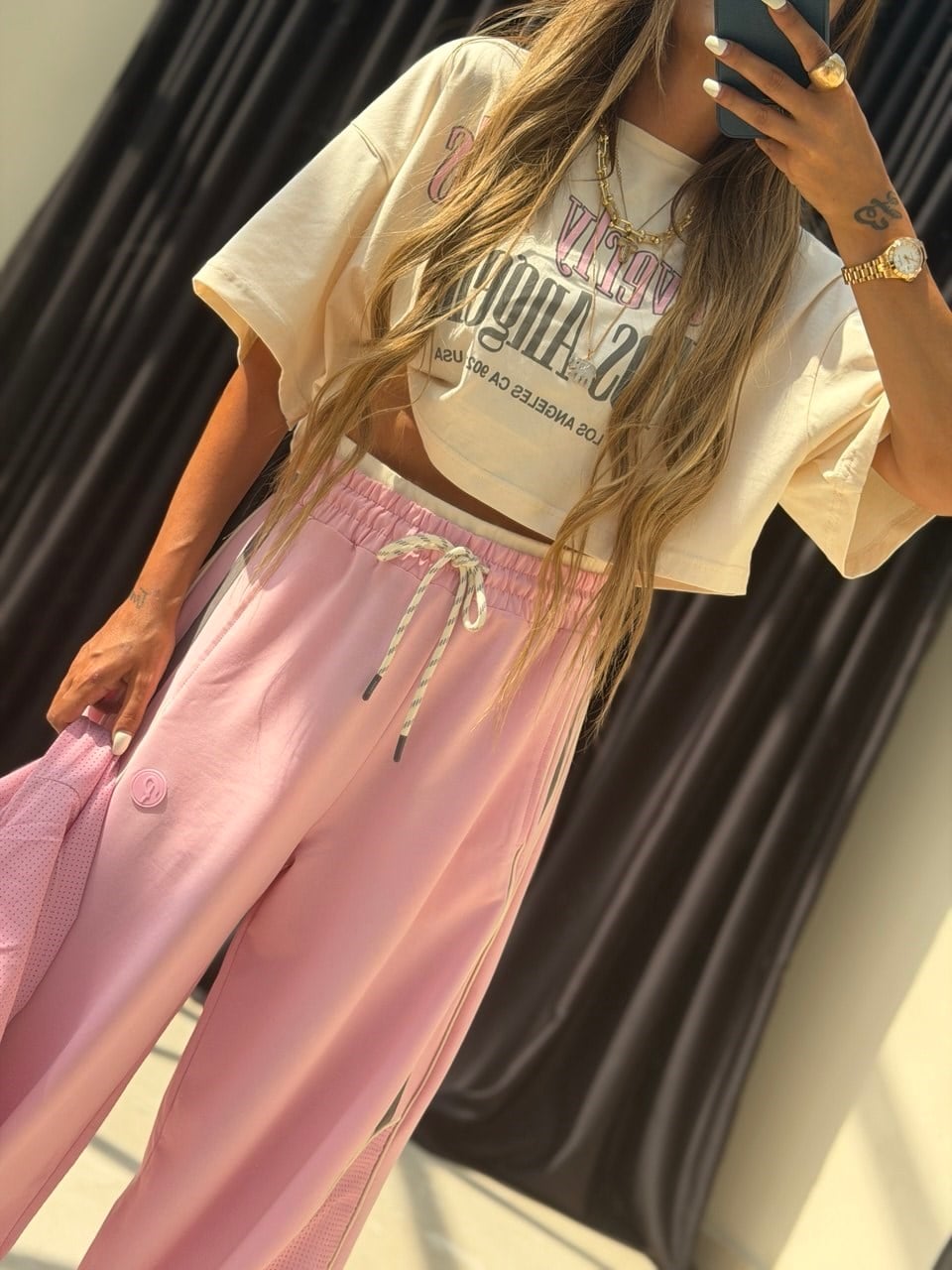 Tasarım Şerit Detaylı Üçlü Takım Pembe-Gri
