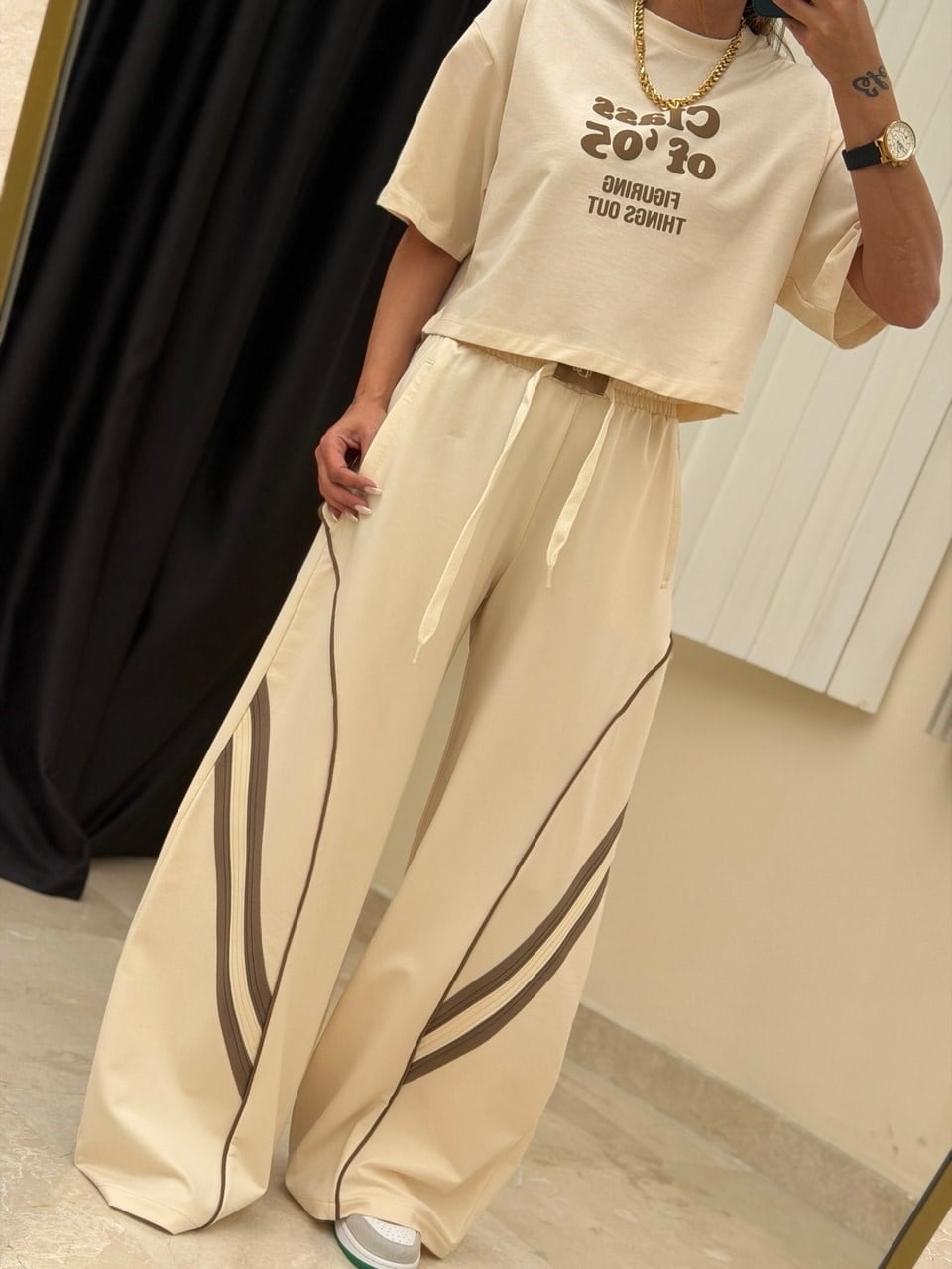 Tasarım Tshirt'lu İkili Takım Bej