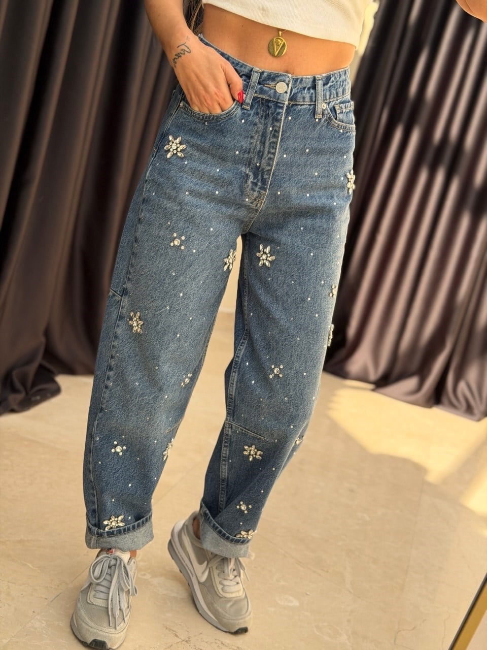 Taşlı Jean Mavi