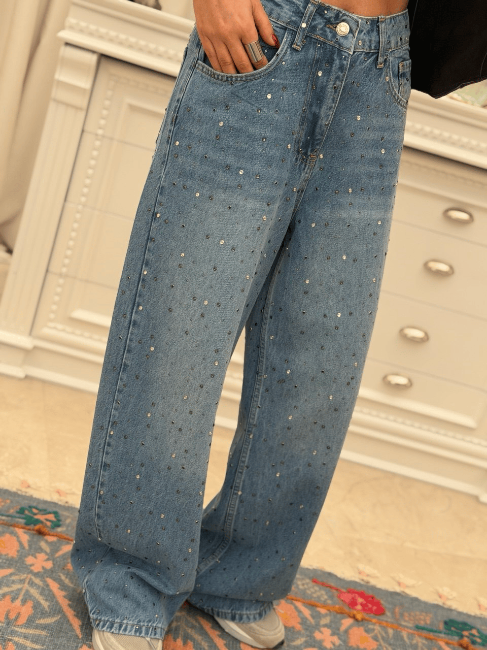 Taşlı Mom Jean Mavi