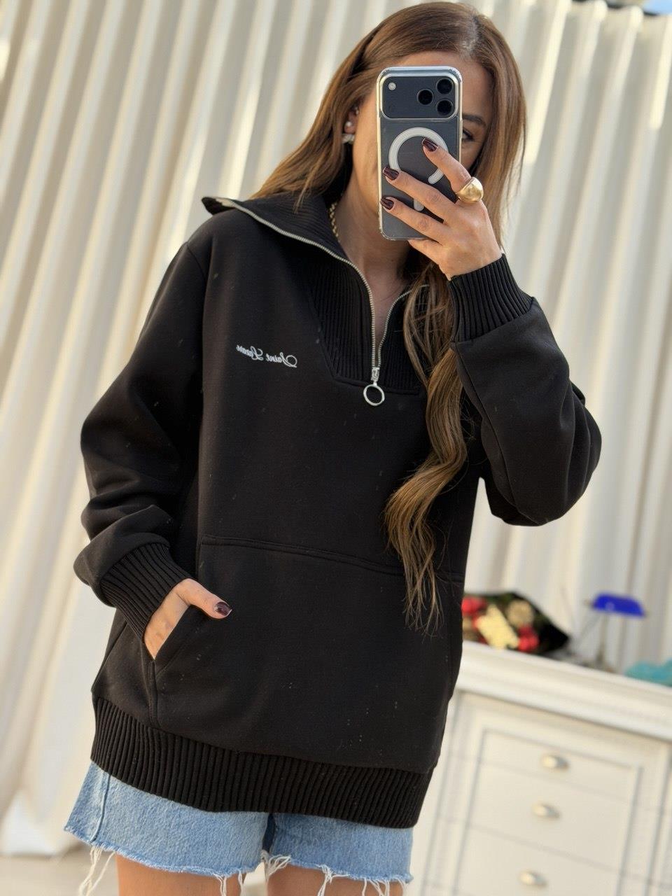 Yarım Fermuarlı Sweat Siyah