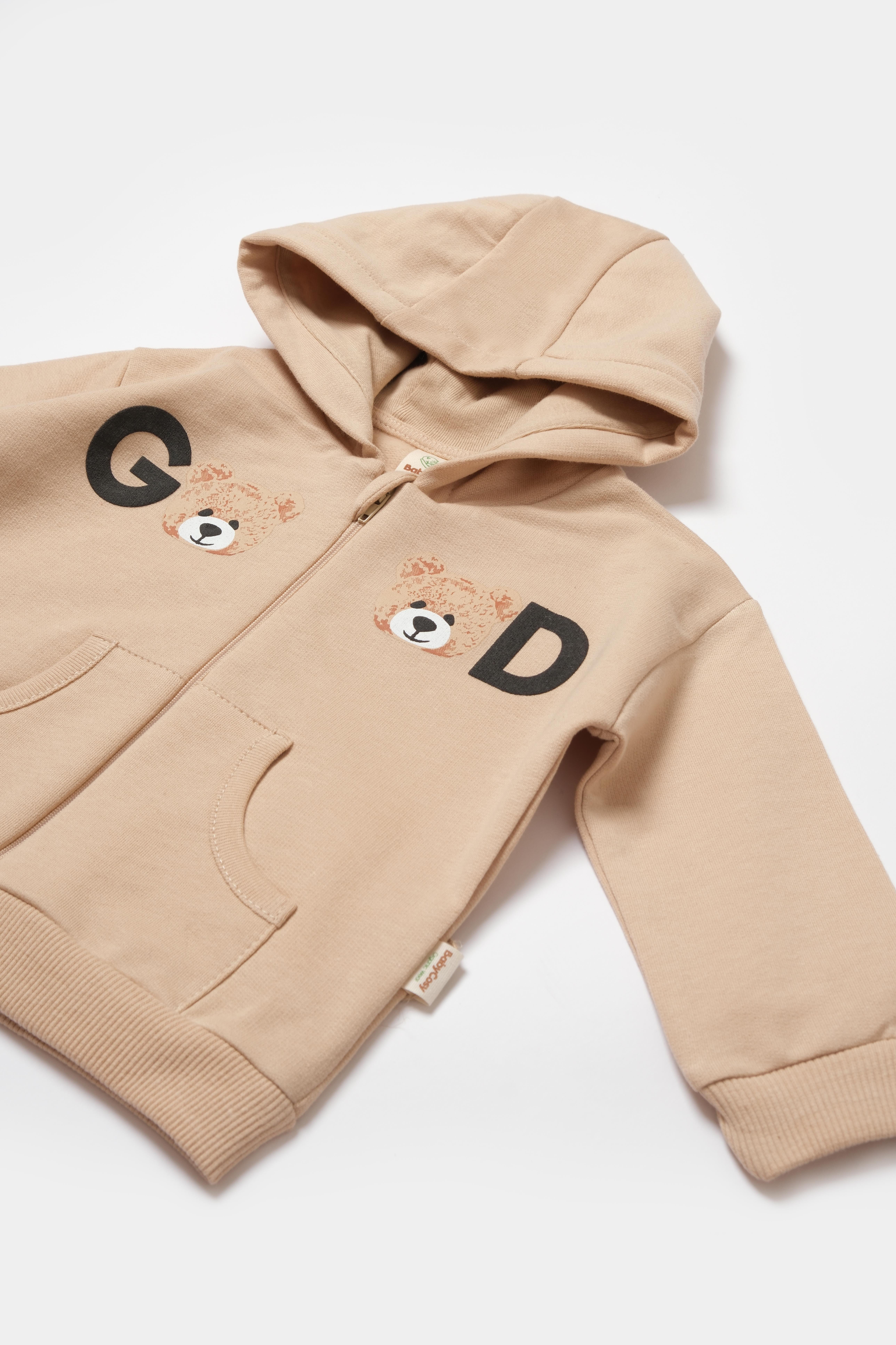 BabyCosy Erkek Bebek Ayıcık Baskılı Fermuarlı Takım  3-24 Ay TAŞ