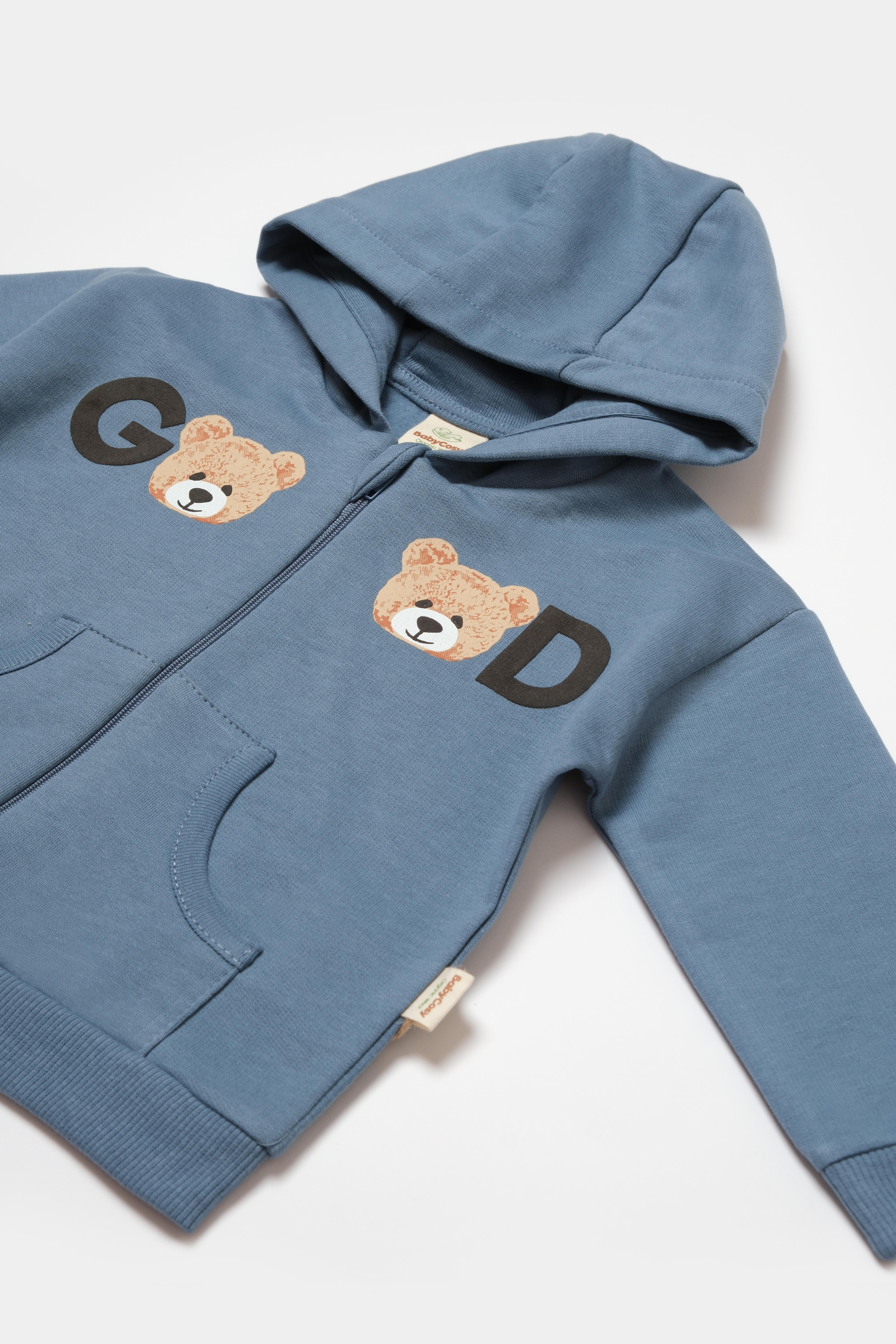 BabyCosy Erkek Bebek Ayıcık Baskılı Fermuarlı Takım  3-24 Ay Mavi