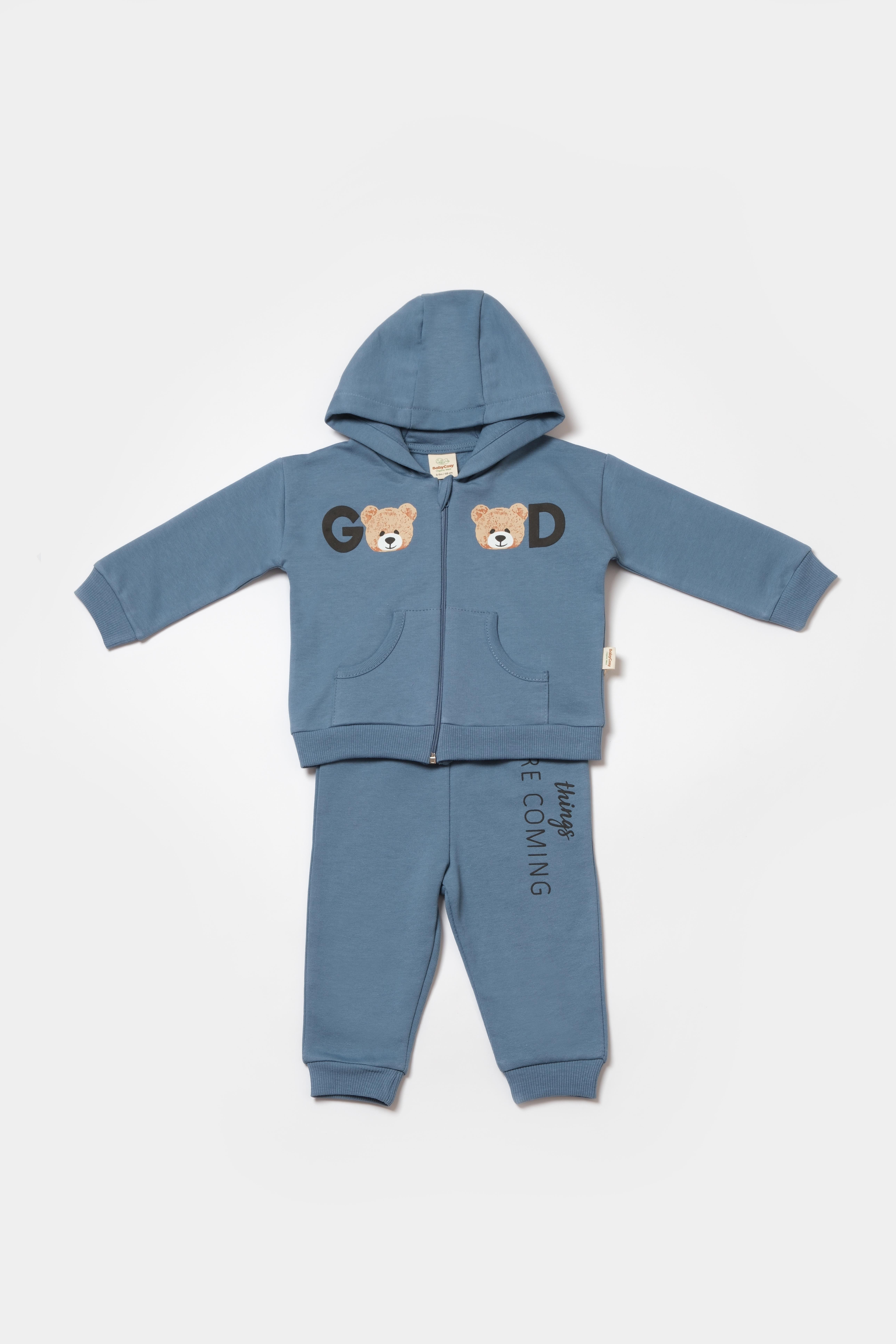 BabyCosy Erkek Bebek Ayıcık Baskılı Fermuarlı Takım  3-24 Ay Mavi