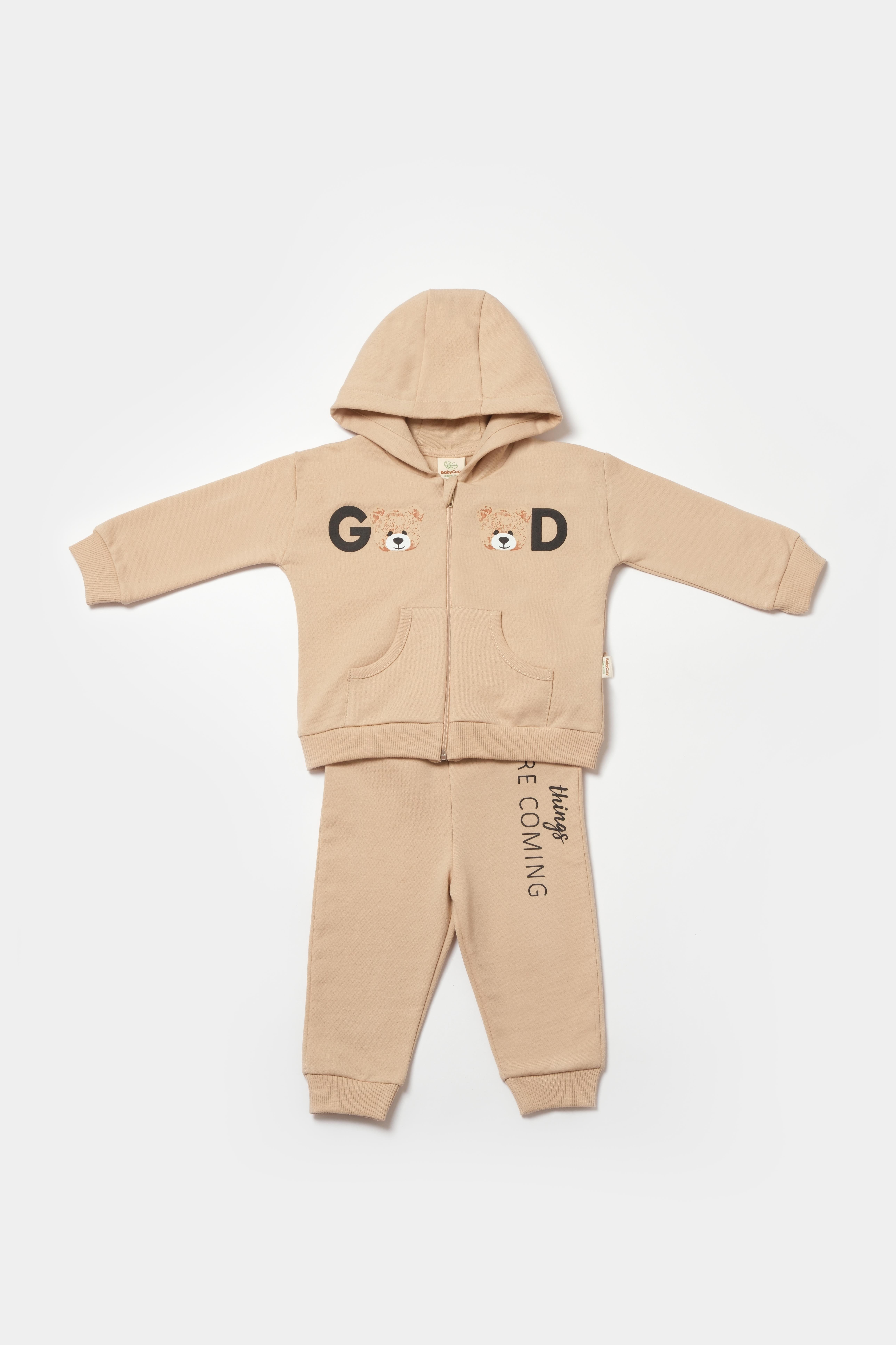 BabyCosy Erkek Bebek Ayıcık Baskılı Fermuarlı Takım  3-24 Ay TAŞ