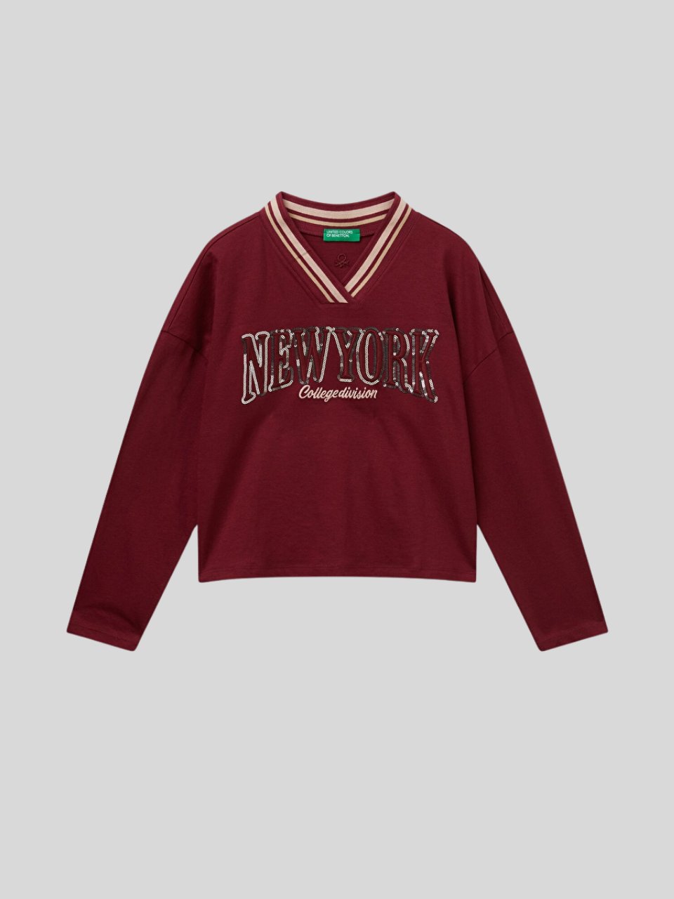 Benetton Kız Çocuk V Yaka Sweatshirt 6-14 Yaş Bordo