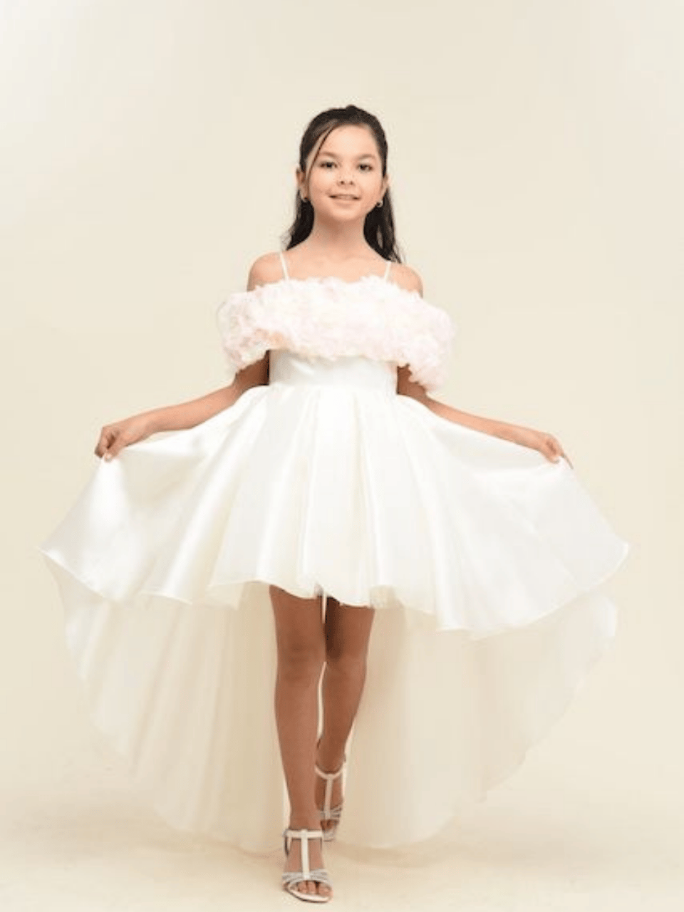 Chaton D'or Çicekli Abiye Elbise 7-15 Yaş Krem