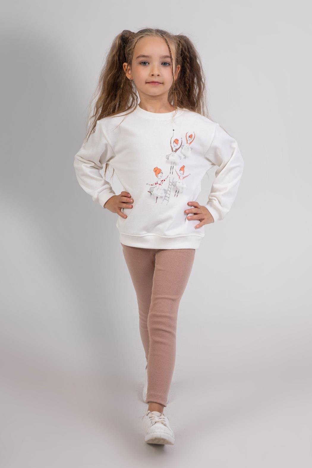 Dmb Kız Çocuk Balerin Baskılı Taytlı Takım 3-8 Yaş Ekru