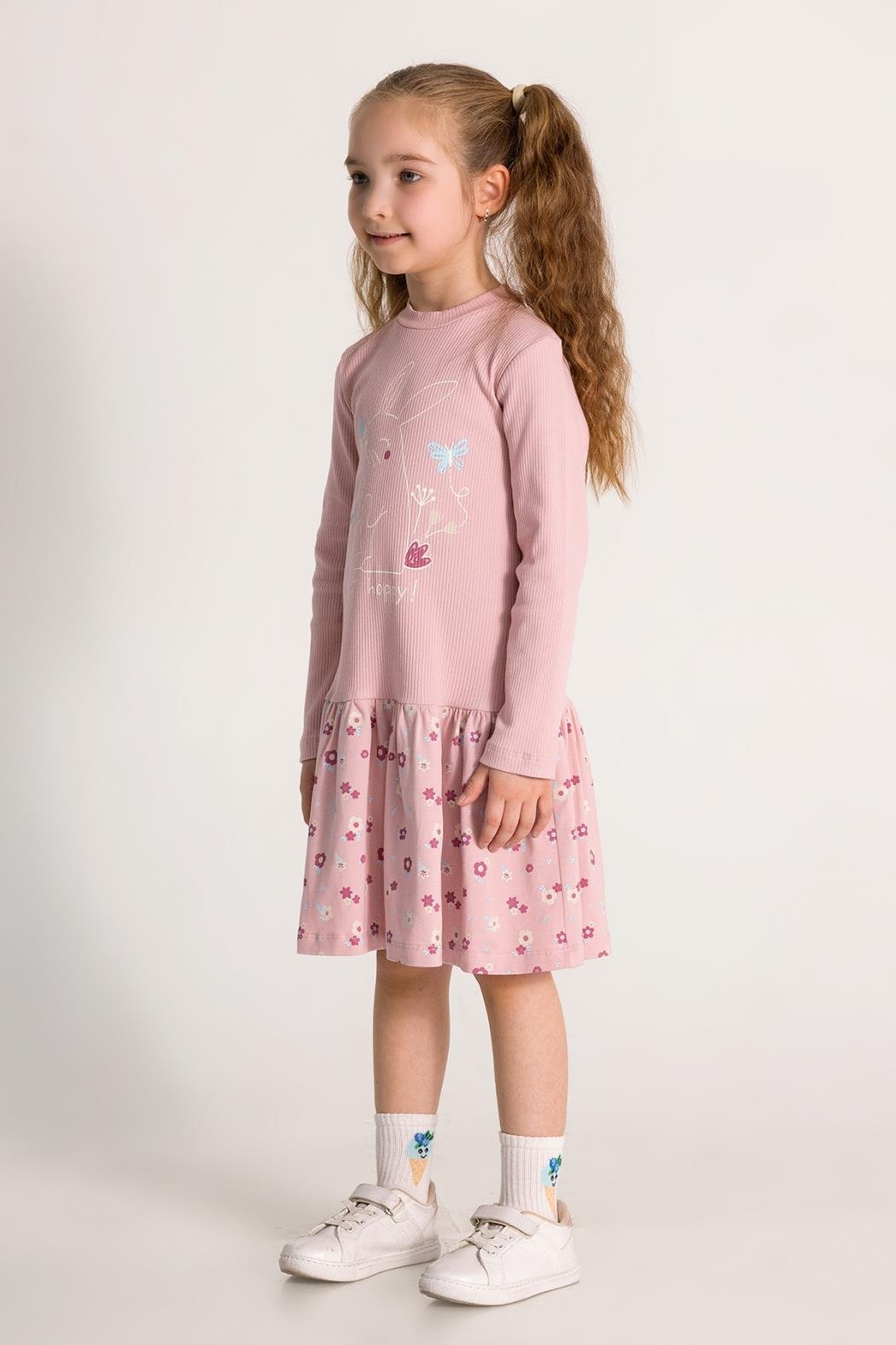 Dmb Kız Çocuk Çiçekli Elbise 3-8 Yaş Pudra