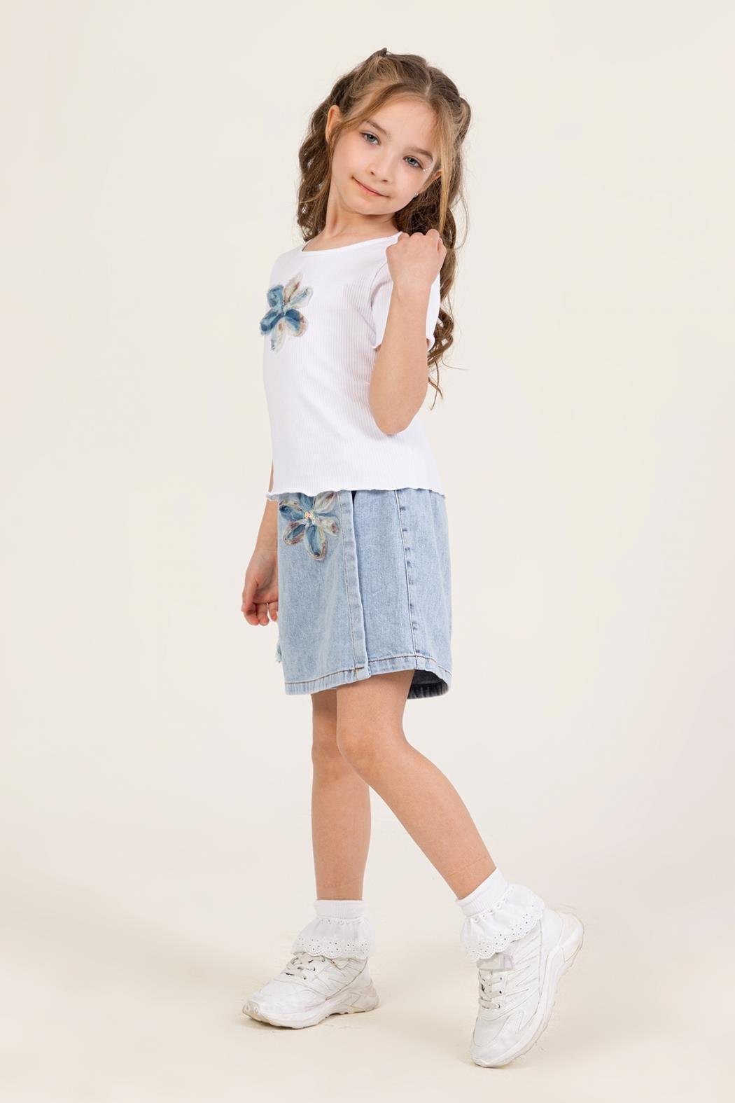 Dmb Kız Çocuk Denim Şort Etekli Takım 4-9 Yaş Beyaz