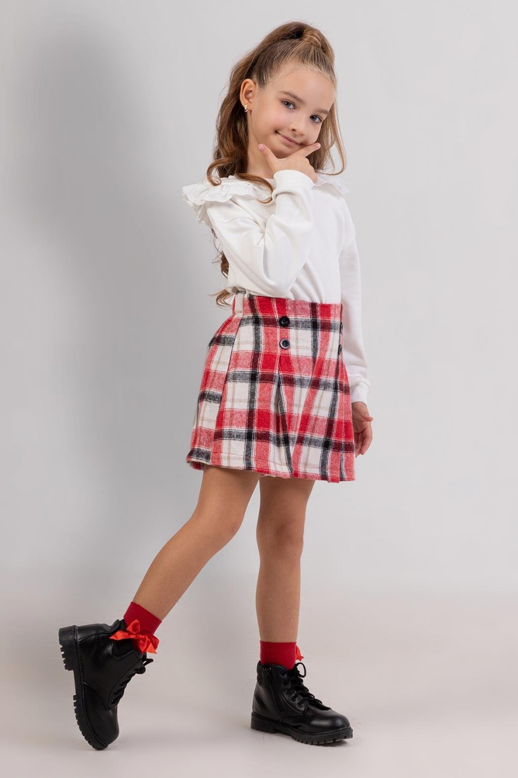 Dmb Kız Çocuk Ekose Şort Etekli Takım 4-9 Yaş KIRMIZI