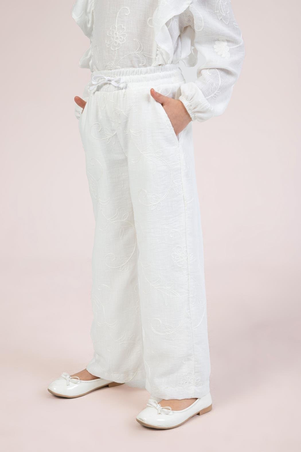 Dmb Kız Çocuk İşlemeli Pantolon 4-9 Yaş Ekru