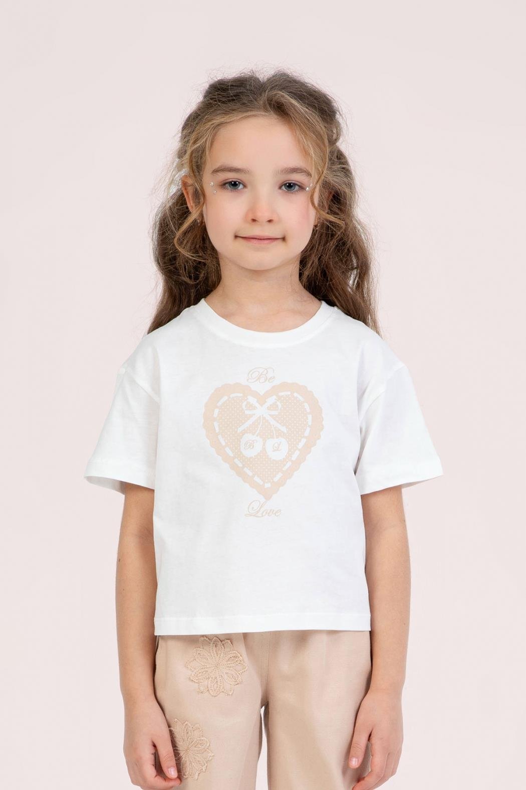 Dmb Kız Çocuk Kalp Baskılı Tshirt 4-9 Yaş Ekru