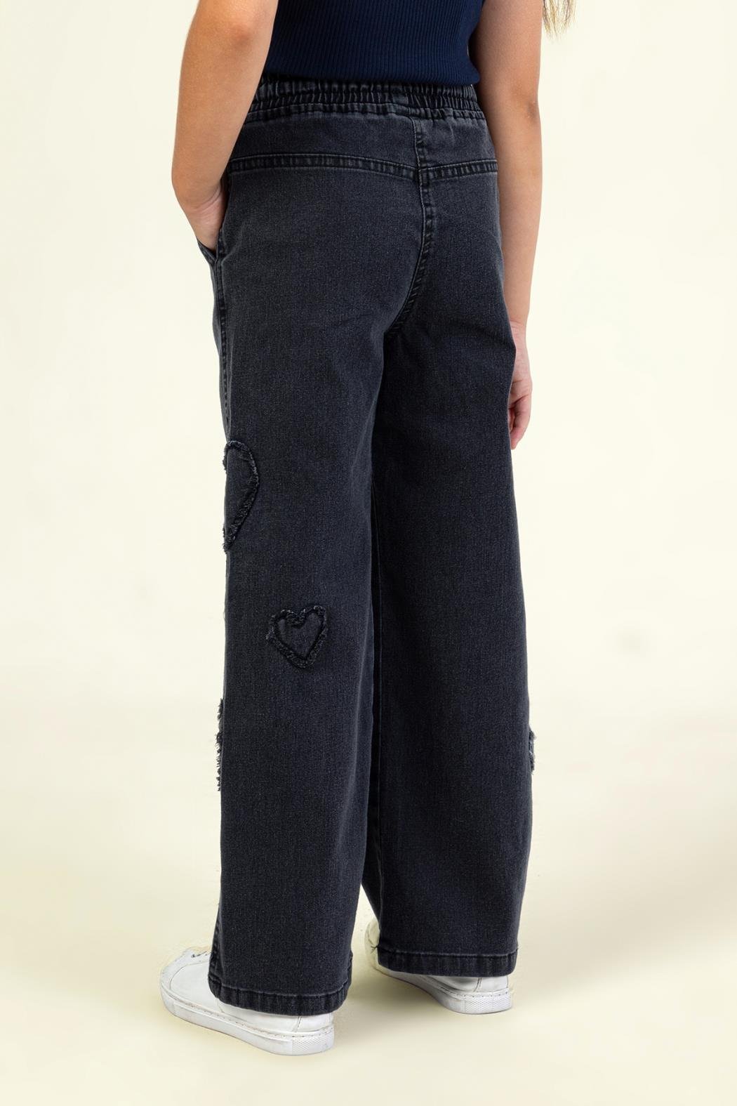 Dmb Kız Çocuk Kalp Nakışlı Denim Pantolon 4-9 Yaş Siyah