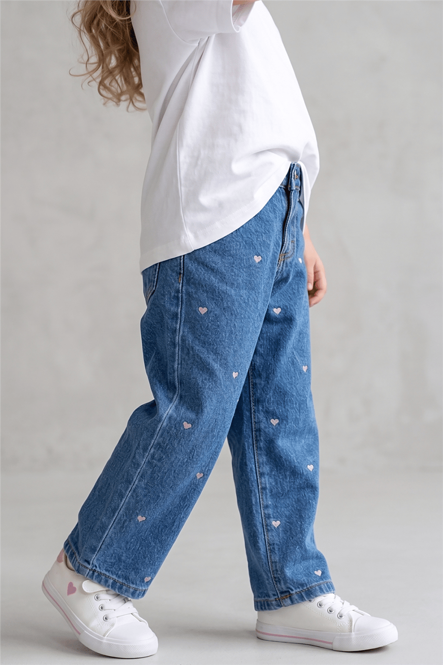 Dmb Kız Çocuk  Kalp Nakışlı Denim Pantolon 2-7 Yaş Mavi