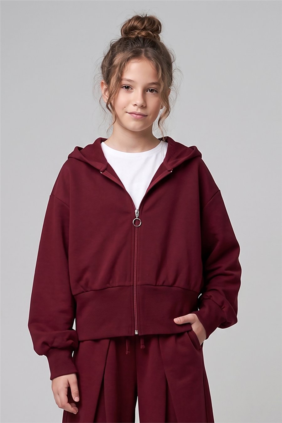 Dmb Kız Çocuk Kapüşonlu Crop Sweatshirt 9-14 Yaş Vişne