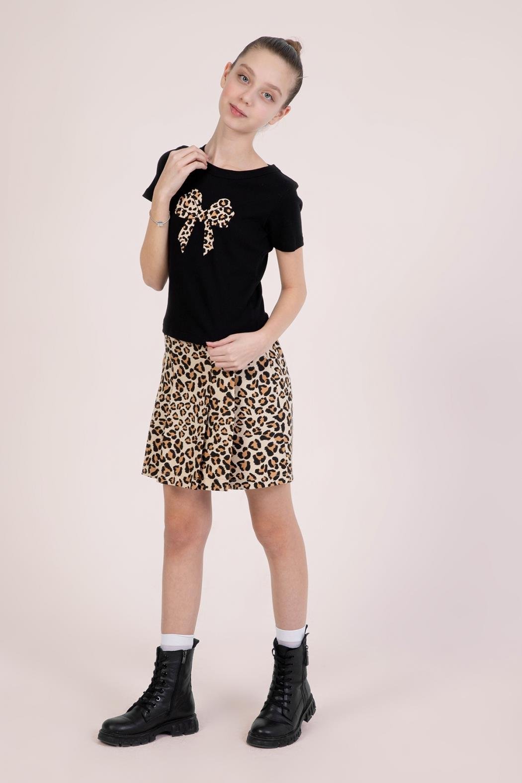 Dmb Kız Çocuk Leopar Baskılı Crop 9-14 Yaş Siyah