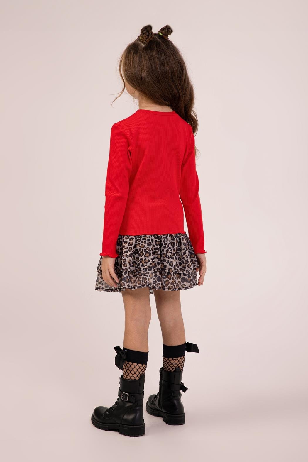 Dmb Kız Çocuk Leopar Etekli Takım 4-9 Yaş Kırmızı