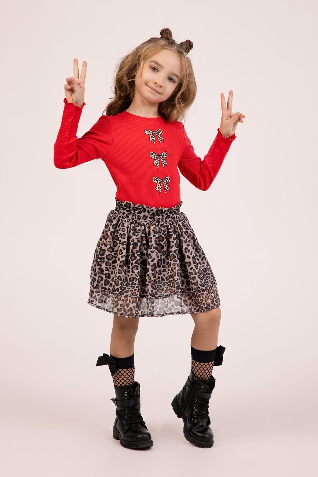 Dmb Kız Çocuk Leopar Etekli Takım 4-9 Yaş Kırmızı