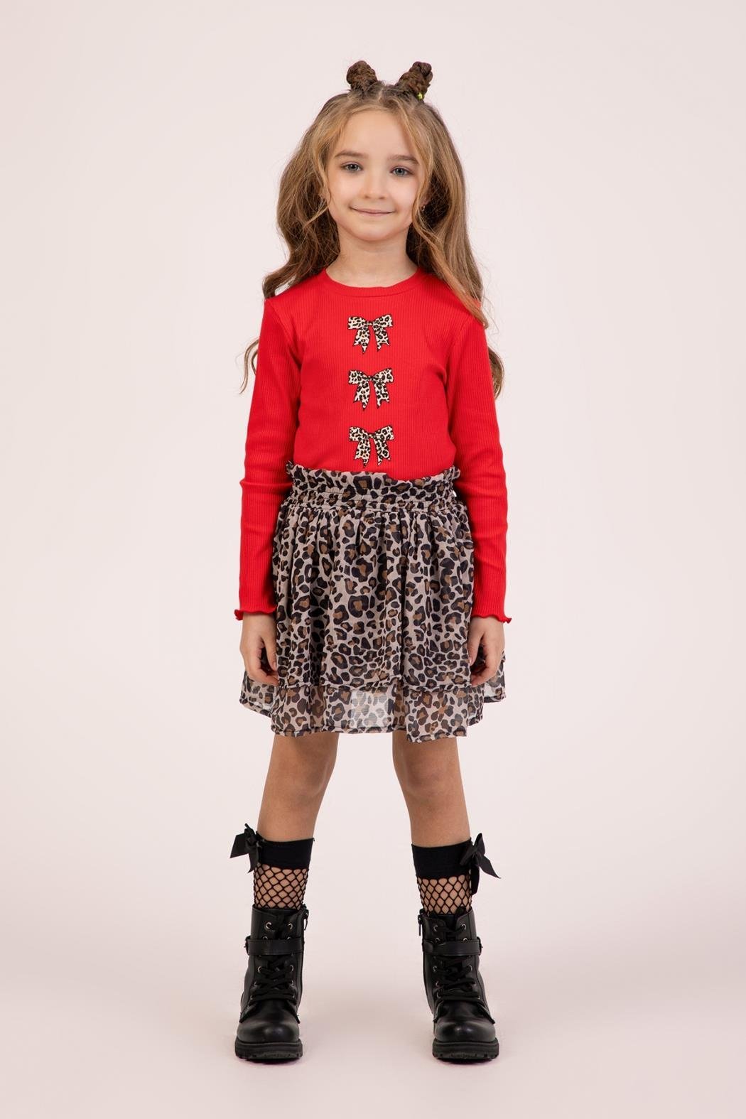 Dmb Kız Çocuk Leopar Etekli Takım 4-9 Yaş Kırmızı