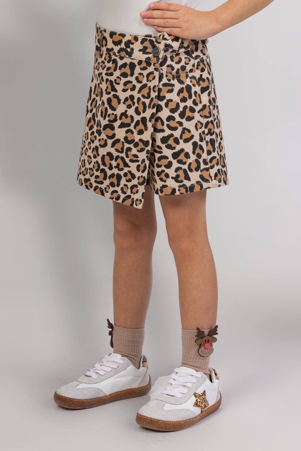 Dmb Kız Çocuk Leopar Şort Etek 4-9 Yaş Bej