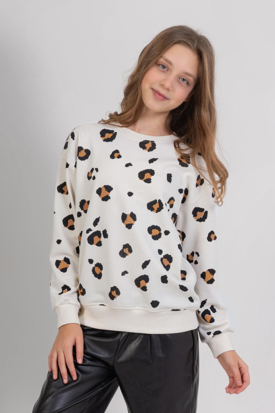 Dmb Kız Çocuk Leopar Sweatshirt 9-14 Yaş Ekru