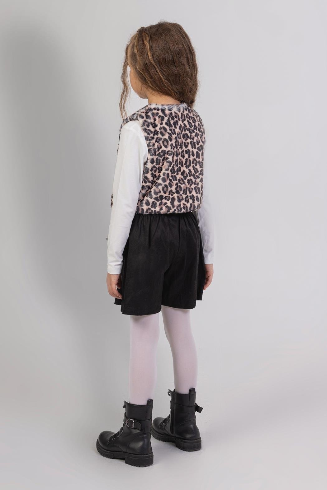 Dmb Kız Çocuk Leopar Yelekli Şortlu Takım 3-8 Yaş Ekru