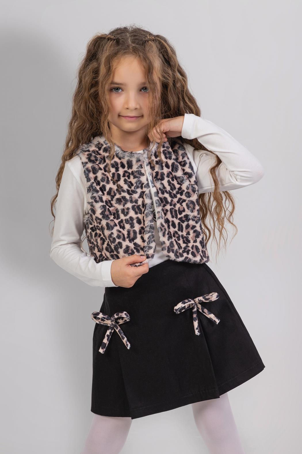 Dmb Kız Çocuk Leopar Yelekli Şortlu Takım 3-8 Yaş Ekru