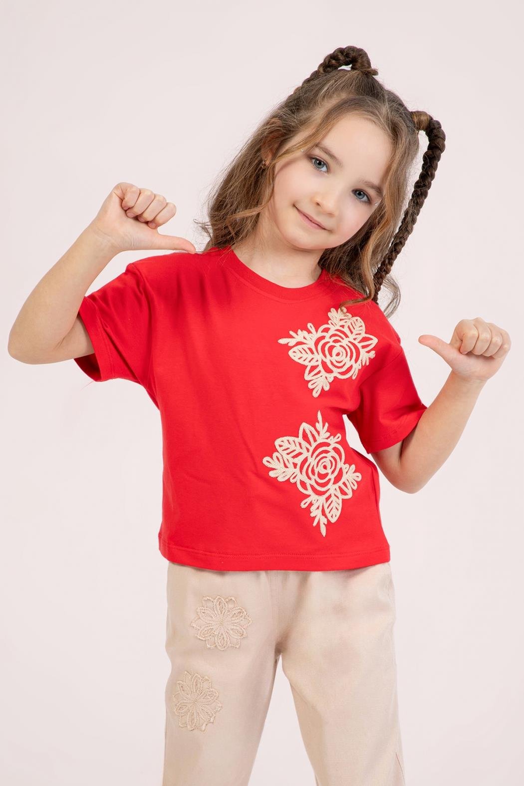 Dmb Kız Çocuk Nakışlı Tshirt 4-9 Yaş Kırmızı