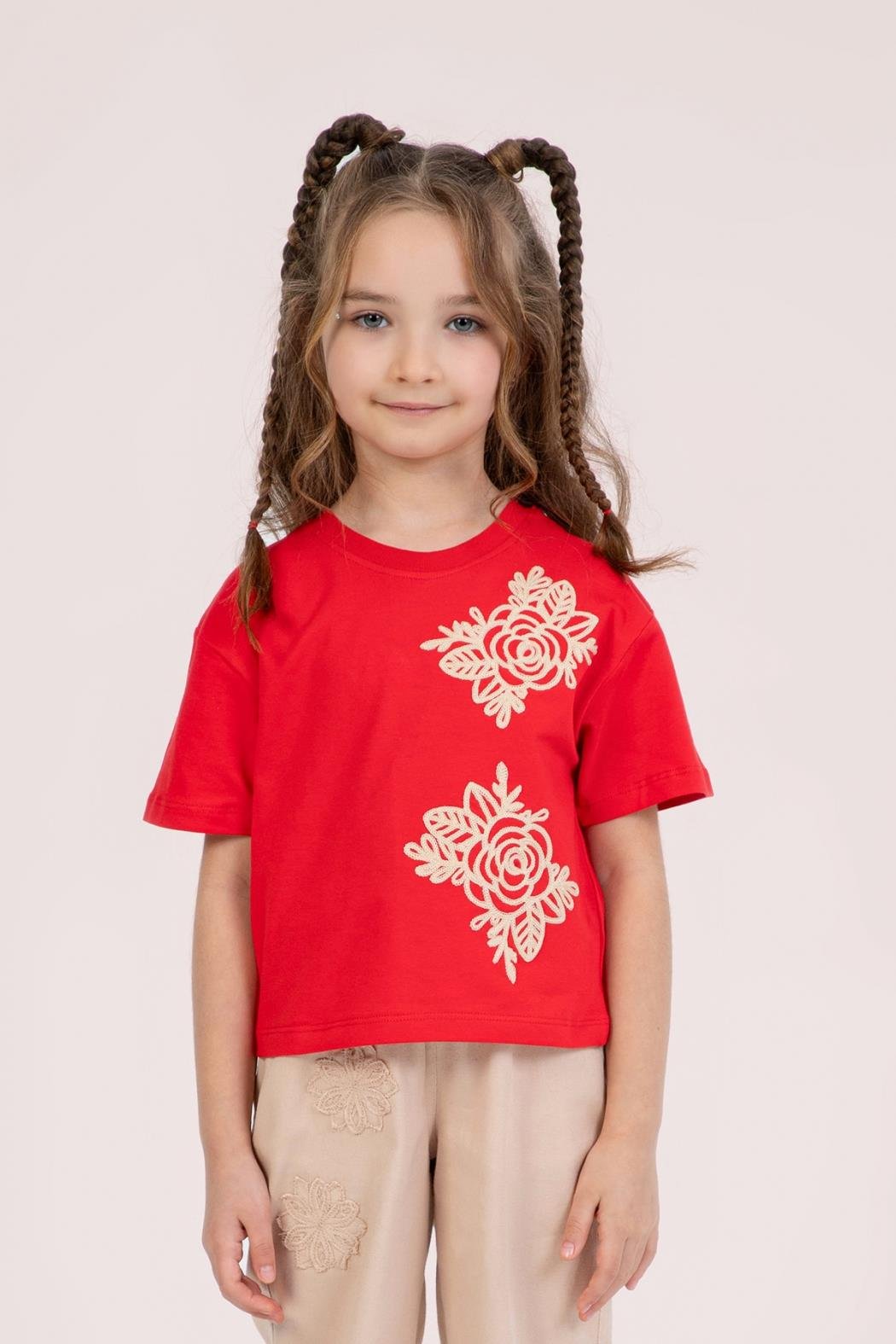 Dmb Kız Çocuk Nakışlı Tshirt 4-9 Yaş Kırmızı