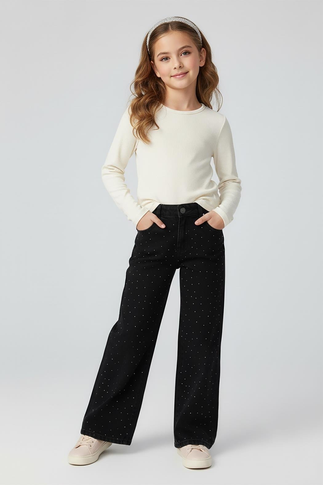 Dmb Kız Çocuk Paçası Taşlı Kot Pantolon 9-14 Siyah