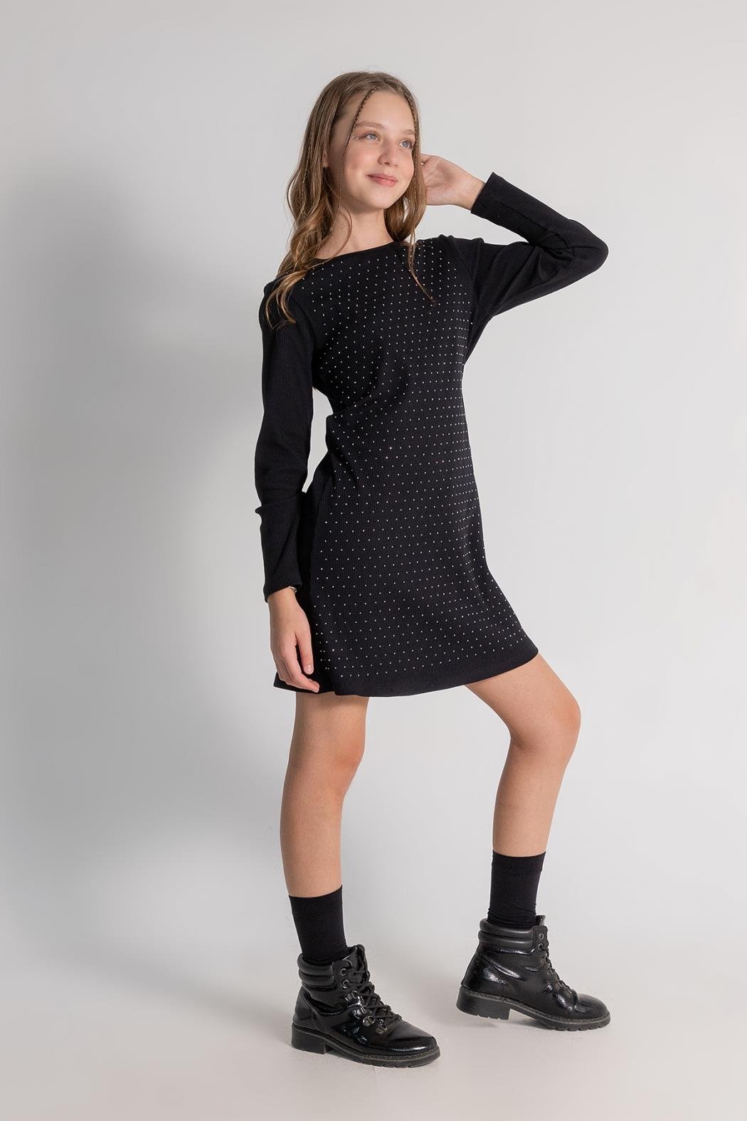 Dmb Kız Çocuk Taşlı Kaşkorse Elbise 9-14 Yaş Siyah