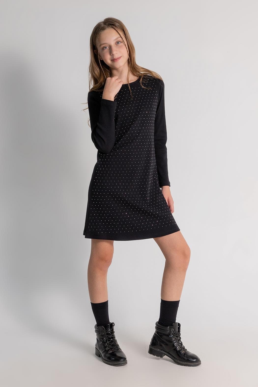 Dmb Kız Çocuk Taşlı Kaşkorse Elbise 9-14 Yaş Siyah