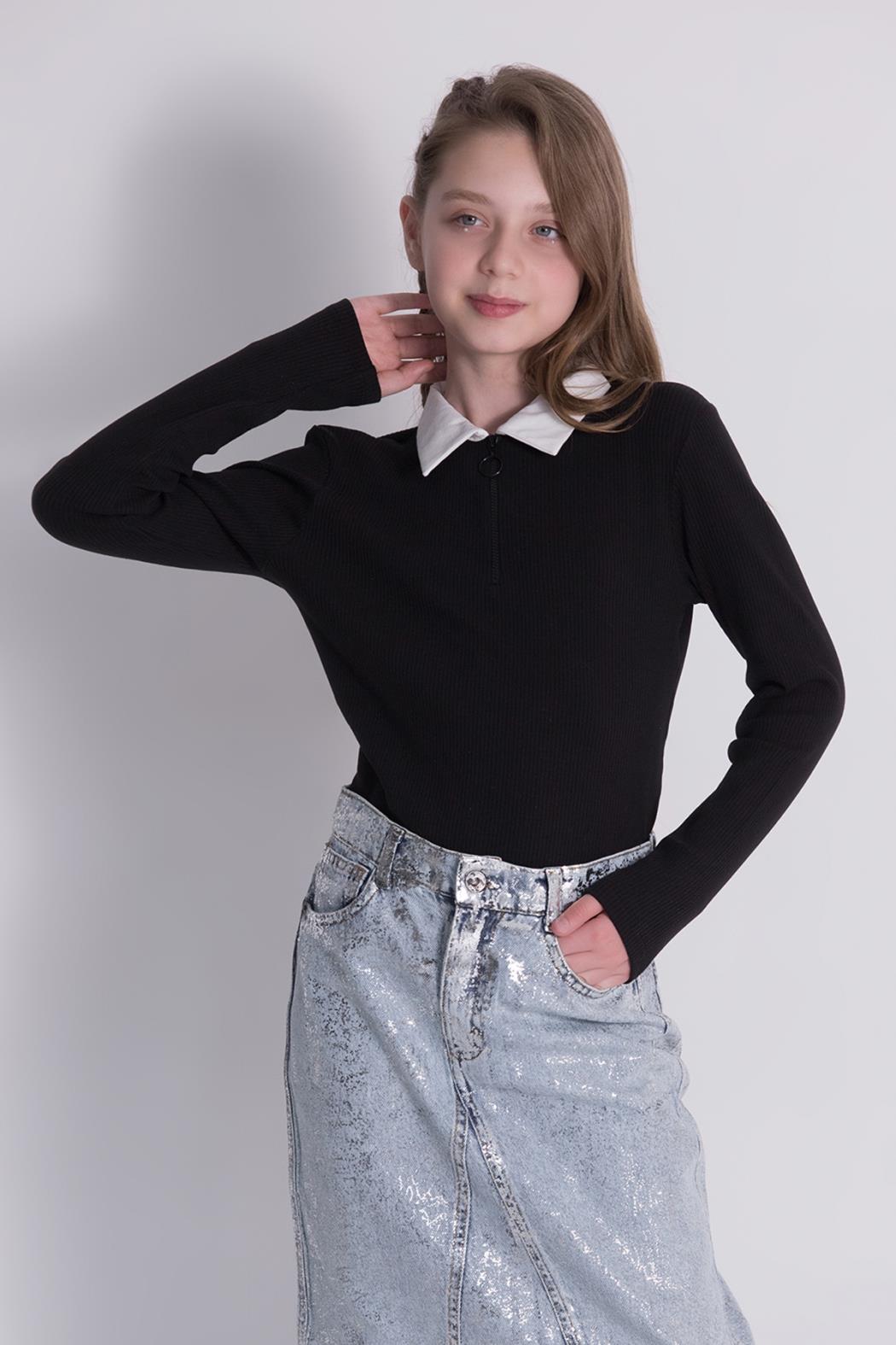 Dmb Kız Çocuk Yaka Fermuarlı Sweatshirt 9-14 Yaş SİYAH