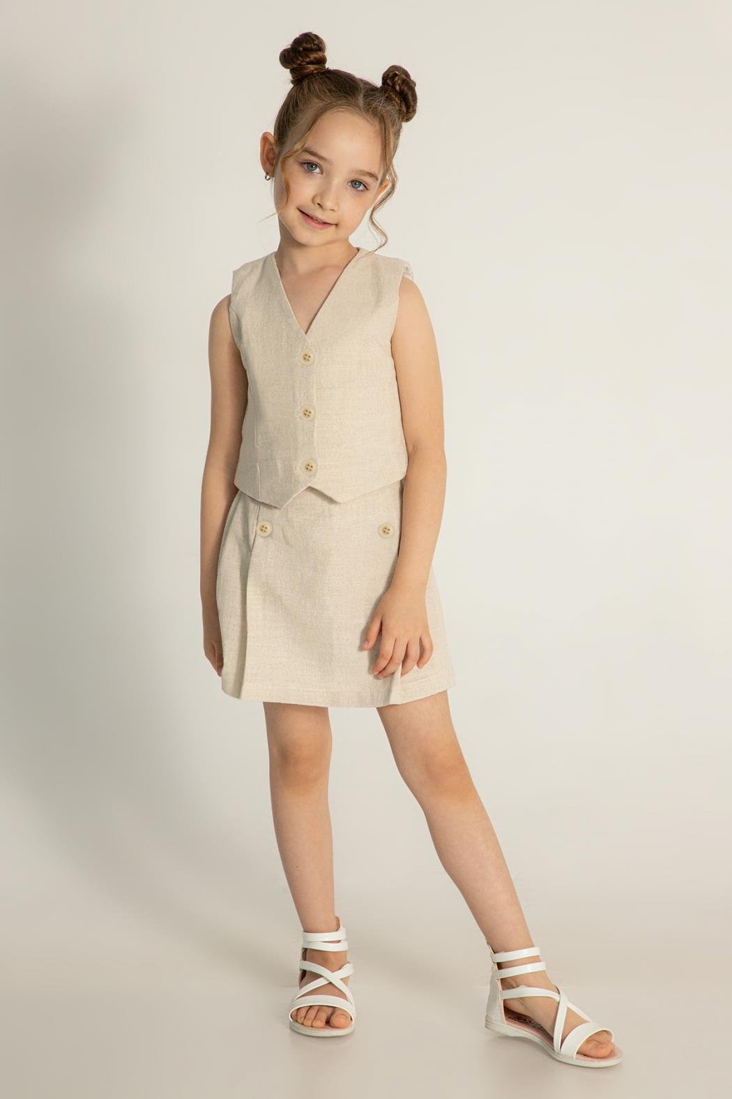 Dmb Kız Çocuk Yelek Şortlu Takım 4-9 Yaş Bej