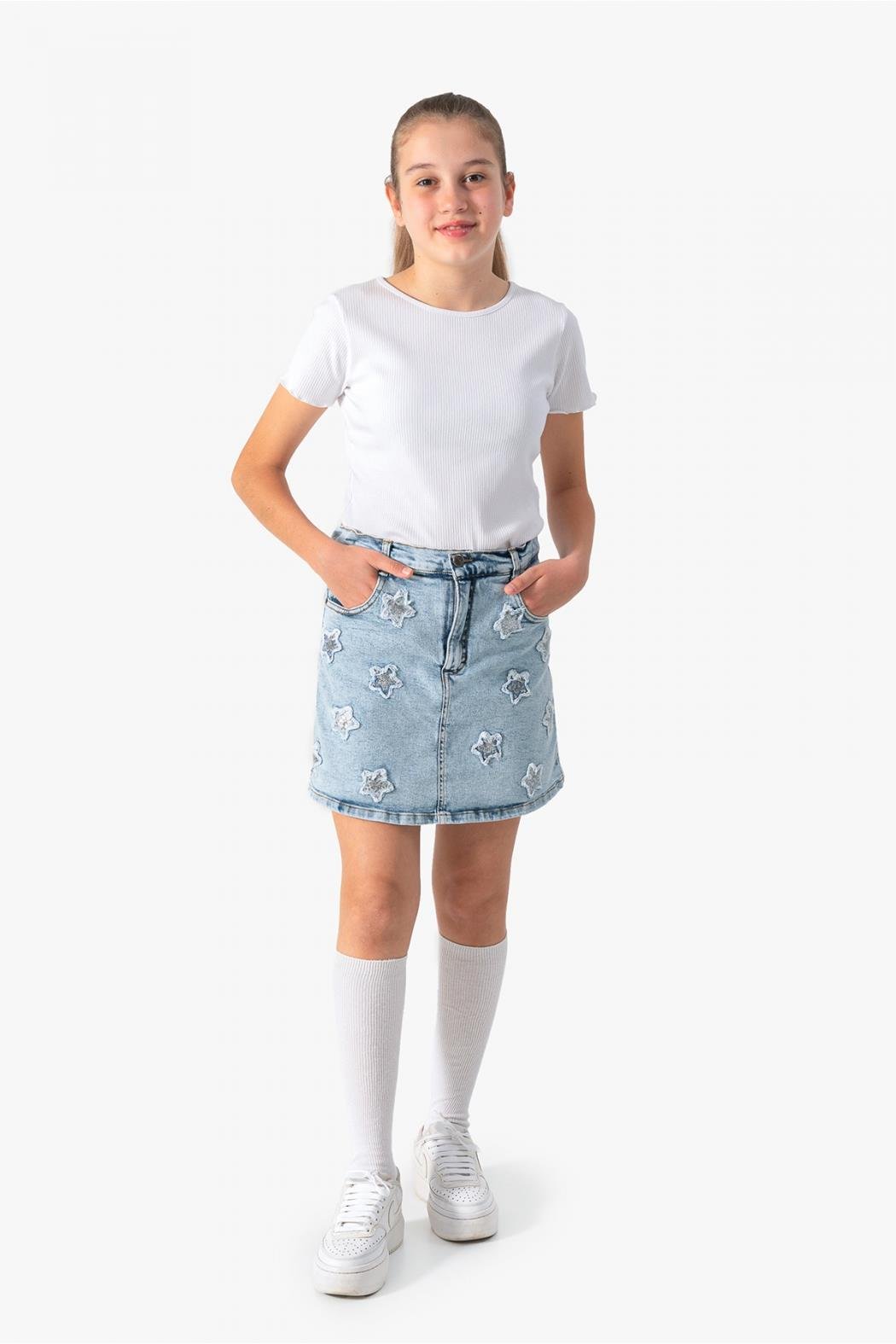 Dmb Kız Çocuk Yıldızlı Denim Şort Etek 9-14 Yaş Mavi