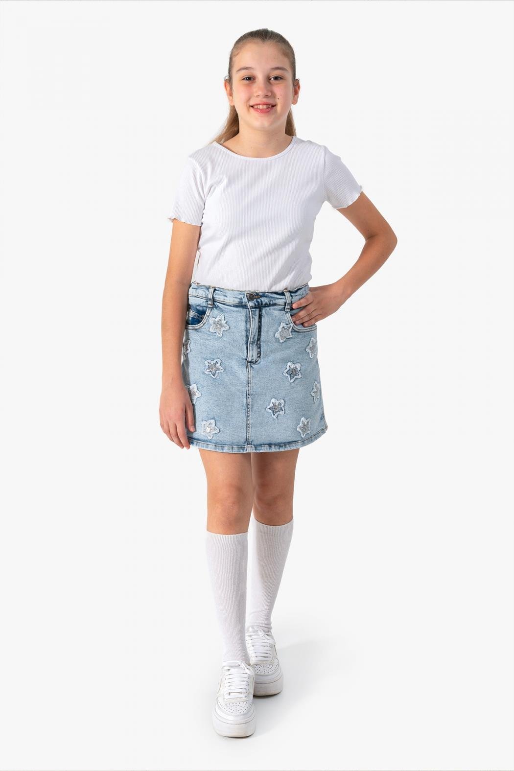 Dmb Kız Çocuk Yıldızlı Denim Şort Etek 9-14 Yaş Mavi