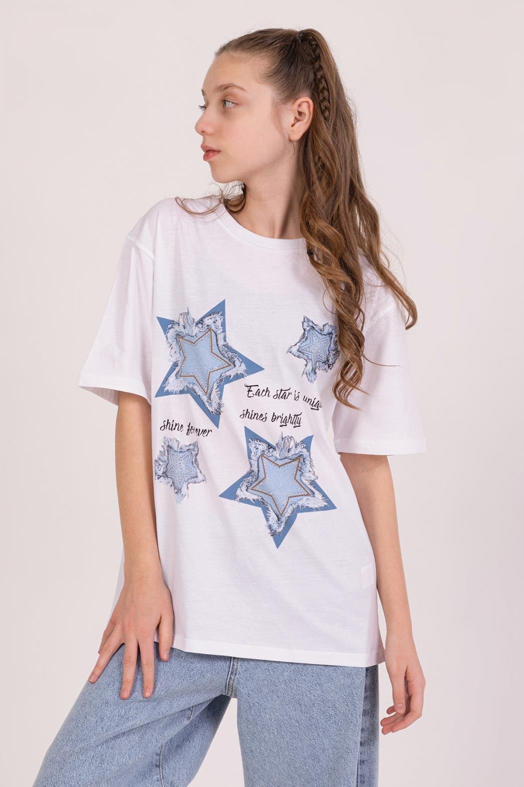 Dmb Kız Çocuk Yıldızlı Tshirt 4-9 Yaş Beyaz