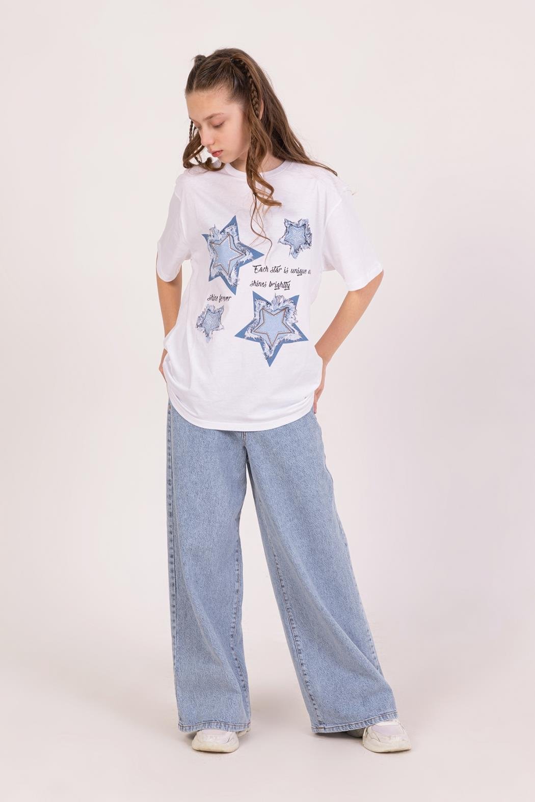 Dmb Kız Çocuk Yıldızlı Tshirt 9-14 Yaş Beyaz