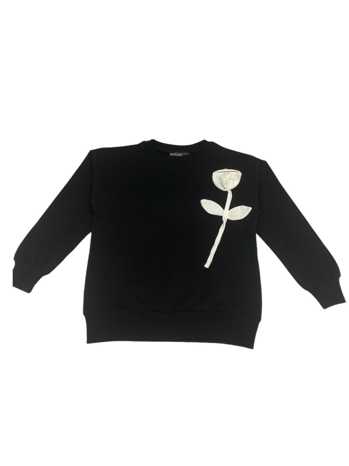 Gugo Kız Çocuk Çicek Aksesuarlı Sweatshirt 5-14 Yaş SİYAH